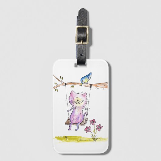 Cute Whimsical Pink Cat Swing Bagagelabel (Voorkant (verticaal))