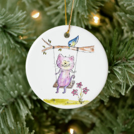 Cute Whimsical Pink Cat Swing Keramisch Ornament