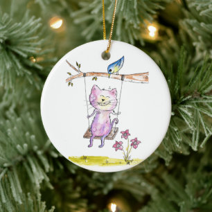 Cute Whimsical Pink Cat Swing Keramisch Ornament