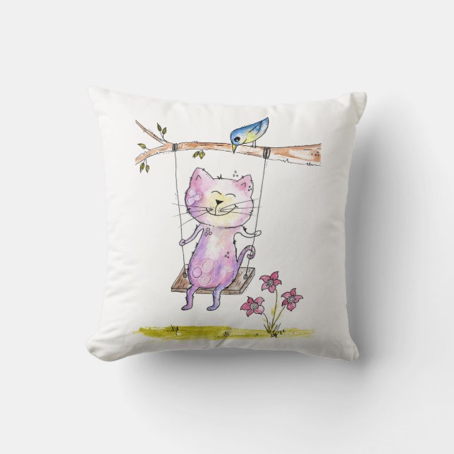 Cute Whimsical Pink Cat Swing Kussen (Voorkant)