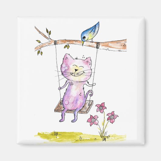 Cute Whimsical Pink Cat Swing Magneet (Voorkant)