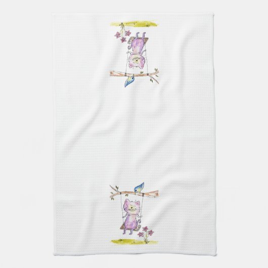Cute Whimsical Pink Cat Swing Theedoek (Verticaal)