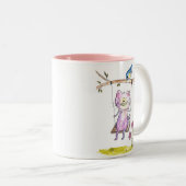 Cute Whimsical Pink Cat Swing Tweekleurige Koffiemok (Voorkant rechts)