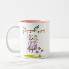 Cute Whimsical Pink Cat Swing Tweekleurige Koffiemok
