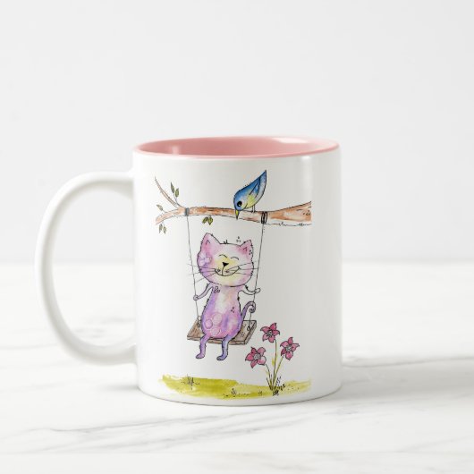 Cute Whimsical Pink Cat Swing Tweekleurige Koffiemok (Links)