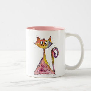 Cute Whimsical Pink Cat Tweekleurige Koffiemok