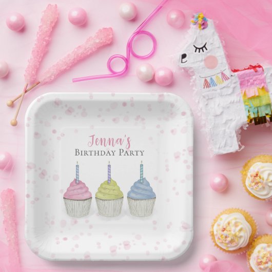 Cute Whimsical Pink Girly Waterverf Cupcakes Papieren Bordje (Feest)