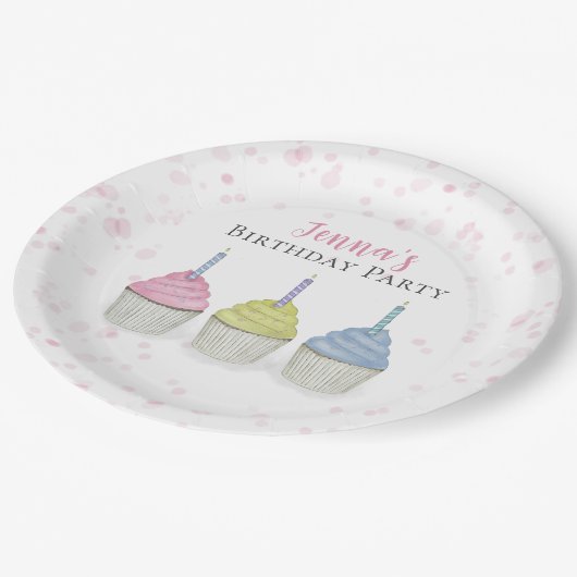 Cute Whimsical Pink Girly Waterverf Cupcakes Papieren Bordje (Gekanteld)