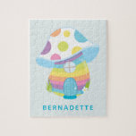 Cute Whimsical Rainbow Mushroom House Blue Name Legpuzzel<br><div class="desc">Deze schattige puzzel heeft een griezelige foto van een paddenstoeltje uit de regenboogfee in blauwgroen blauw,  geel en roze. Pas het aan met jouw naam. Geweldig cadeauidee.</div>