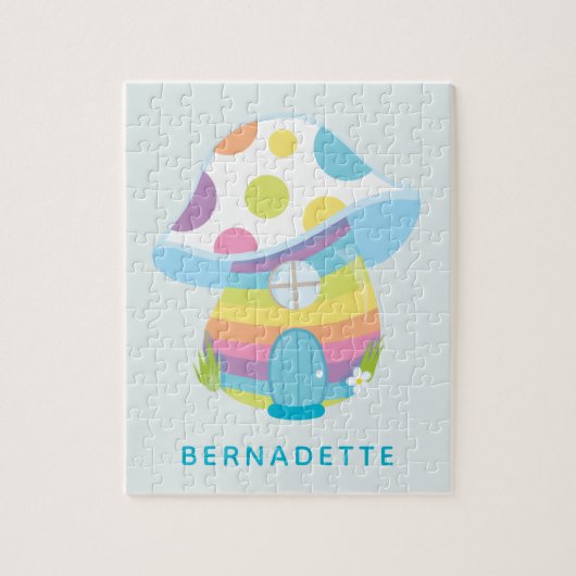 Cute Whimsical Rainbow Mushroom House Blue Name Legpuzzel (Verticaal)