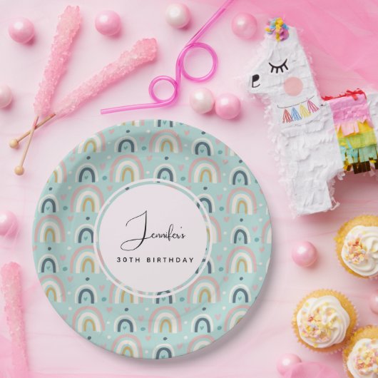 Cute Whimsical Rainbow Pattern Birthday Papieren Bordje (Feest)