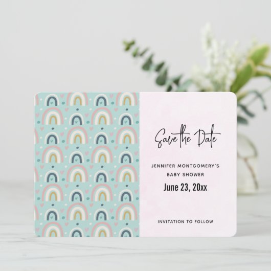 Cute Whimsical Rainbow Pattern Save The Date (Staand voorkant)