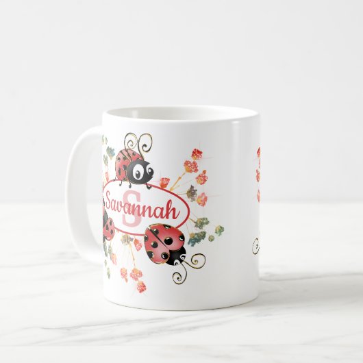 Cute Whimsical Red Ladybugs Flowers Kinder Monogra Koffiemok (Voorkant links)