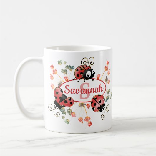 Cute Whimsical Red Ladybugs Flowers Kinder Monogra Koffiemok (Links)