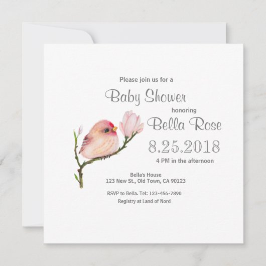 Cute Whimsical Redpoll Bird Baby shower Invitation Kaart (Voorkant)