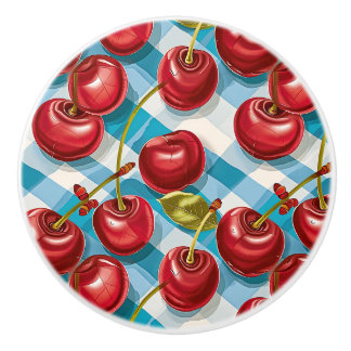 Cute Whimsical Retro Mid-Century Cherries & Plaid Keramische Knop