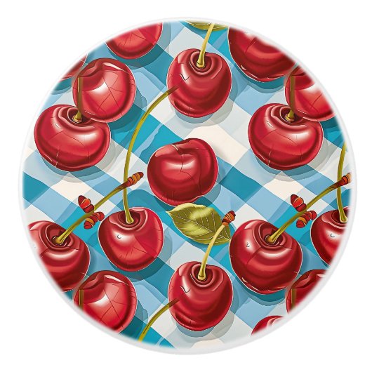 Cute Whimsical Retro Mid-Century Cherries & Plaid Keramische Knop (Voorkant)