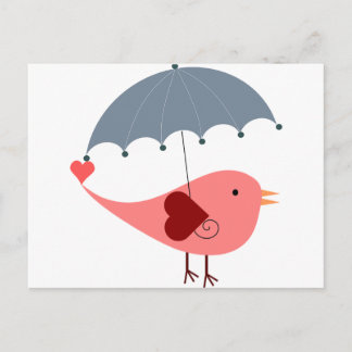 Cute whimsical roze bird holding umbrella briefkaart