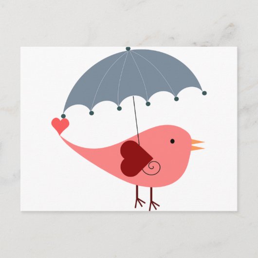 Cute whimsical roze bird holding umbrella briefkaart (Voorkant)