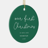 Cute whimsical script Our First Kerstfoto Keramisch Ornament (Rechts)
