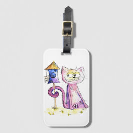 Cute Whimsical Sneaky Cat met Birdhouse Bagagelabel