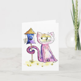 Cute Whimsical Sneaky Cat met Birdhouse Kaart