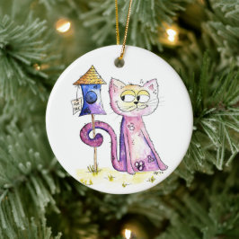 Cute Whimsical Sneaky Cat met Birdhouse Keramisch Ornament
