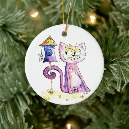 Cute Whimsical Sneaky Cat met Birdhouse Keramisch Ornament (Boom)