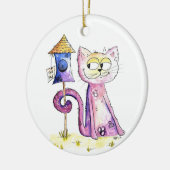 Cute Whimsical Sneaky Cat met Birdhouse Keramisch Ornament (Links)