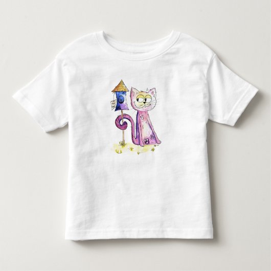 Cute Whimsical Sneaky Cat met Birdhouse Kinder Shirts (Voorkant)