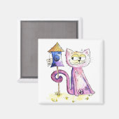 Cute Whimsical Sneaky Cat met Birdhouse Magneet (Voorkant / Achterkant)