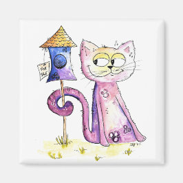 Cute Whimsical Sneaky Cat met Birdhouse Magneet