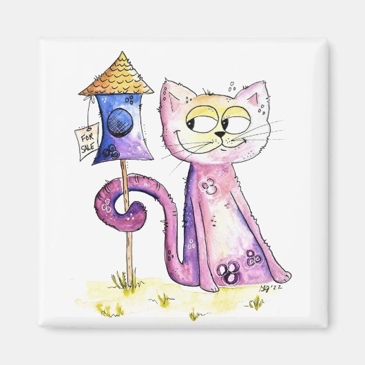 Cute Whimsical Sneaky Cat met Birdhouse Magneet (Voorkant)