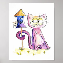 Cute Whimsical Sneaky Cat met Birdhouse Poster