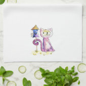 Cute Whimsical Sneaky Cat met Birdhouse Theedoek (Gevouwen)