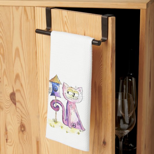 Cute Whimsical Sneaky Cat met Birdhouse Theedoek (Derde Gevouwen)