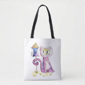 Cute Whimsical Sneaky Cat met Birdhouse Tote Bag (Voorkant)