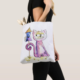 Cute Whimsical Sneaky Cat met Birdhouse Tote Bag