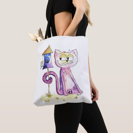 Cute Whimsical Sneaky Cat met Birdhouse Tote Bag (Dichtbij)