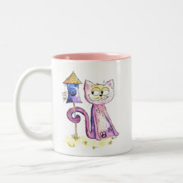 Cute Whimsical Sneaky Cat met Birdhouse Tweekleurige Koffiemok