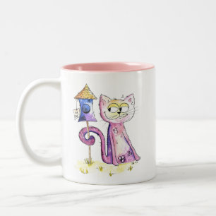 Cute Whimsical Sneaky Cat met Birdhouse Tweekleurige Koffiemok