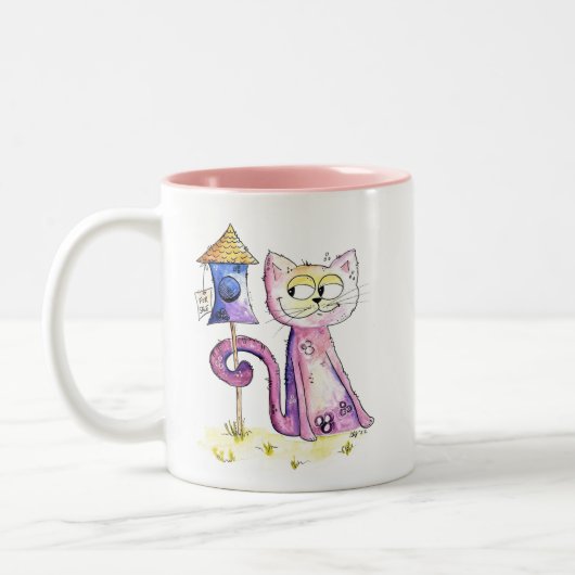 Cute Whimsical Sneaky Cat met Birdhouse Tweekleurige Koffiemok (Links)