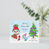 Cute Whimsical Snowman en Bird Briefkaart (Staand voorkant)