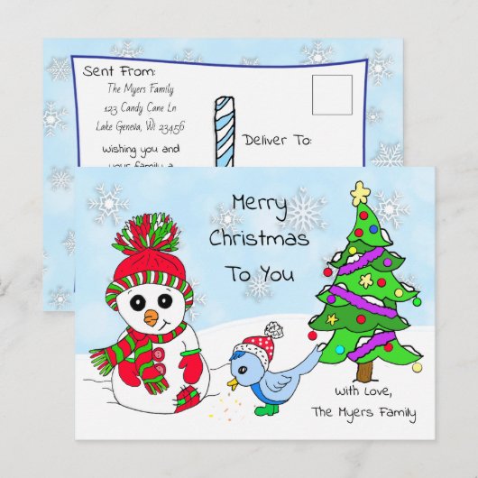 Cute Whimsical Snowman en Bird Briefkaart (Voorkant / Achterkant)