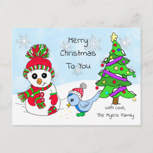 Cute Whimsical Snowman en Bird Briefkaart