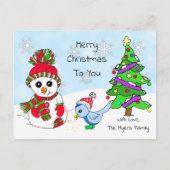 Cute Whimsical Snowman en Bird Briefkaart (Voorkant)