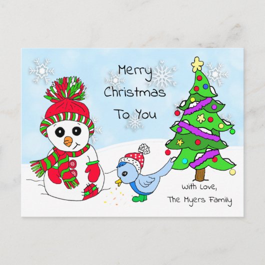 Cute Whimsical Snowman en Bird Briefkaart (Voorkant)
