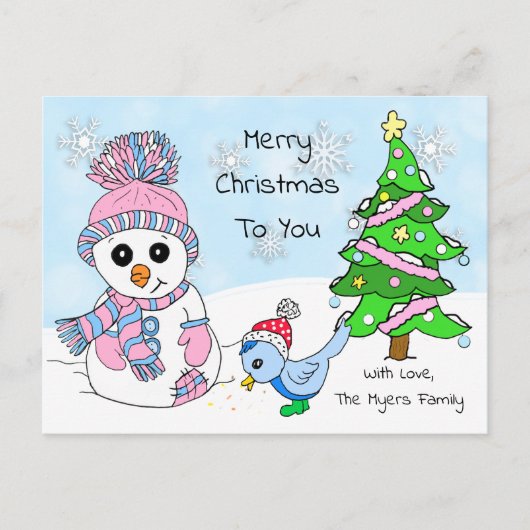 Cute Whimsical Snowman en Bird Briefkaart (Voorkant)
