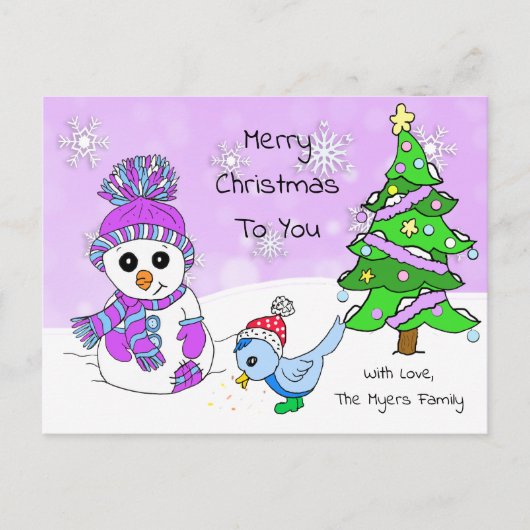 Cute Whimsical Snowman en Bird Briefkaart (Voorkant)