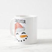 Cute Whimsical Snowman Face Santa Hat Name Koffiemok (Voorkant links)